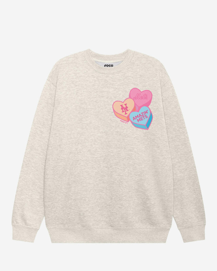 New York Mets Candy Heart Crew Neck Sweatshirt FOCO Oatmeal Heather S - FOCO.com