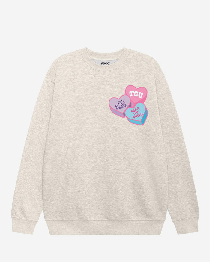 TCU Horned Frogs Candy Heart Crew Neck Sweatshirt FOCO Oatmeal Heather S - FOCO.com