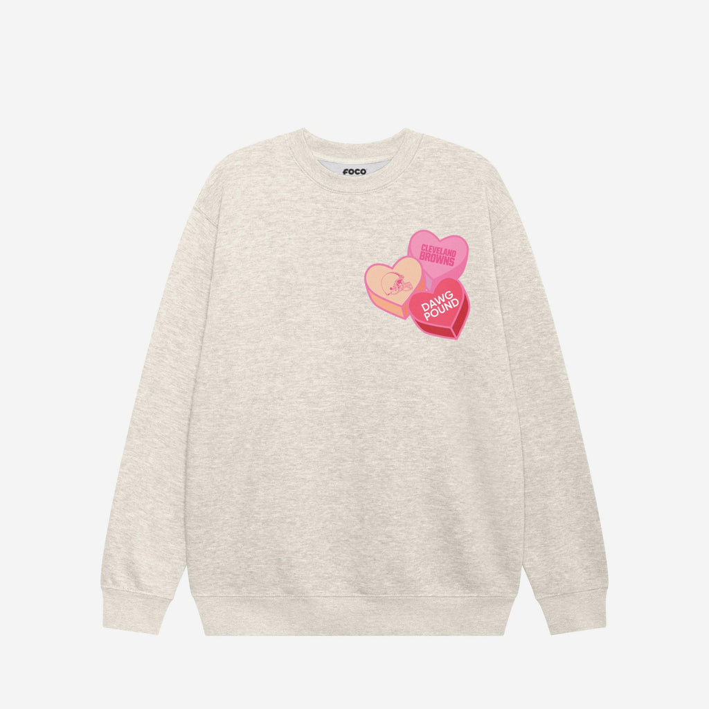 FOCO Cleveland Browns Candy Heart Crew Neck Sweatshirt Oatmeal Heather L Unisex 2
