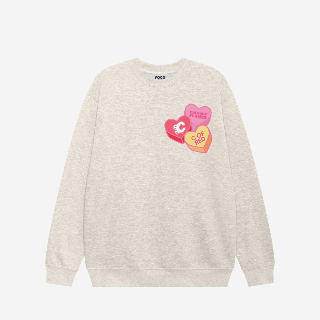 FOCO Calgary Flames Candy Heart Crew Neck Sweatshirt Oatmeal Heather S 2