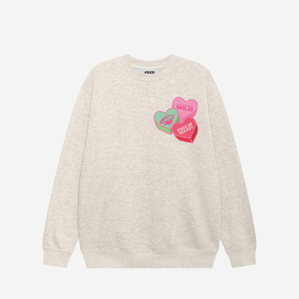 FOCO Minnesota Wild Candy Heart Crew Neck Sweatshirt Oatmeal Heather L Unisex 2