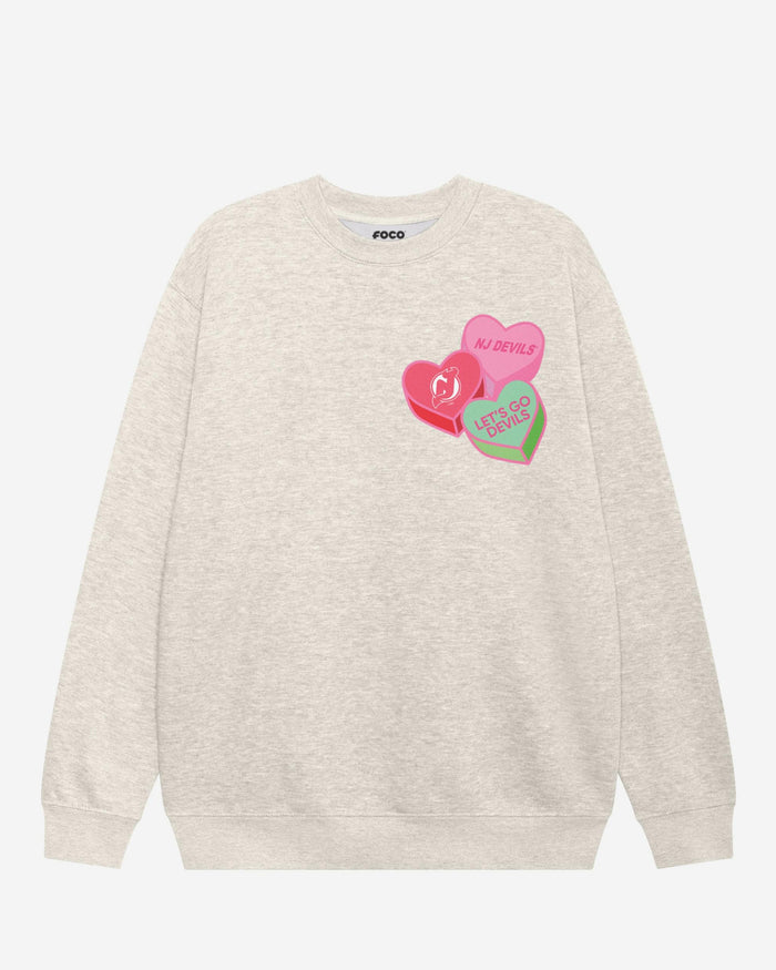 New Jersey Devils Candy Heart Crew Neck Sweatshirt FOCO Oatmeal Heather S - FOCO.com