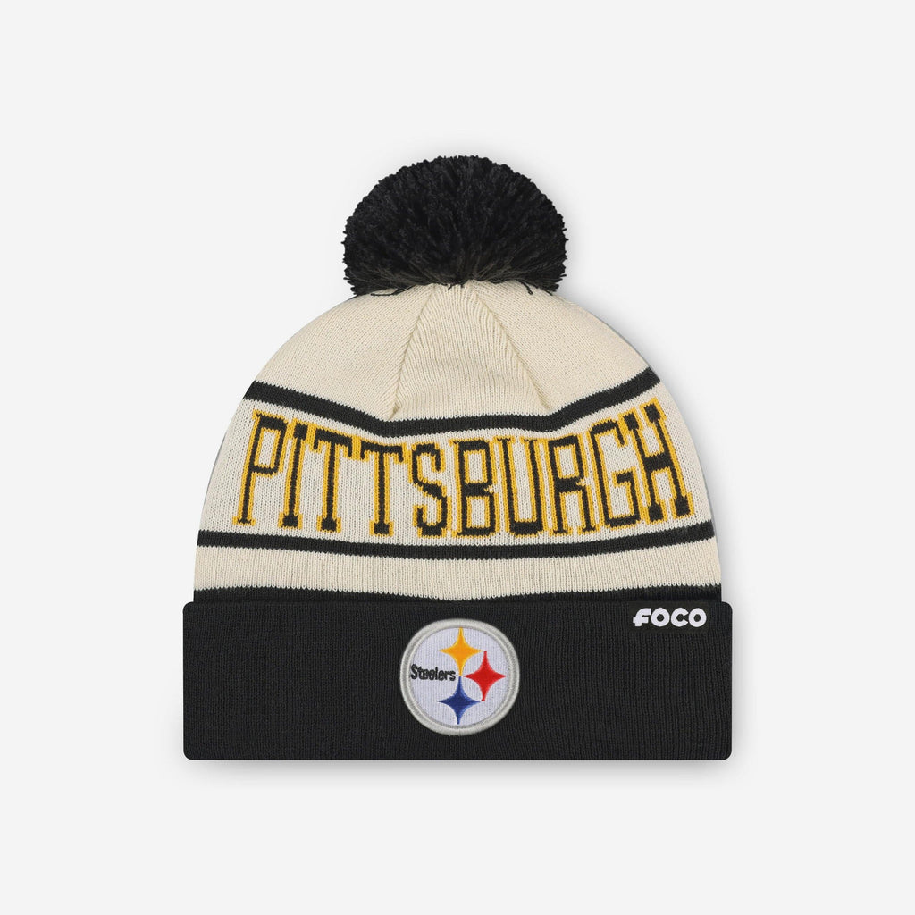 FOCO Pittsburgh Steelers Heritage Stripe Pom Beanie Unisex 2