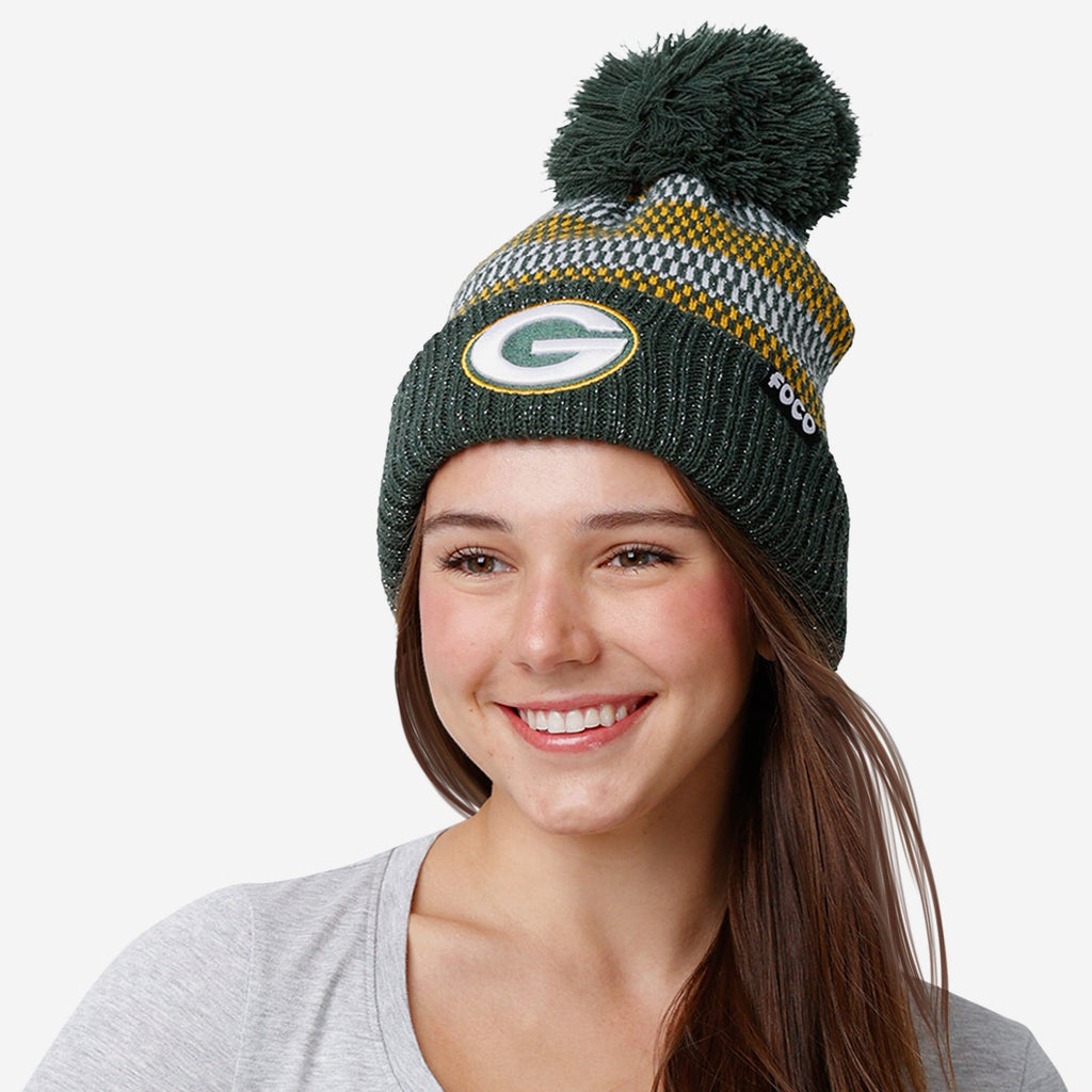Green Bay Packers Womens Cozy Knit Metallic Thread Pom Beanie FOCO