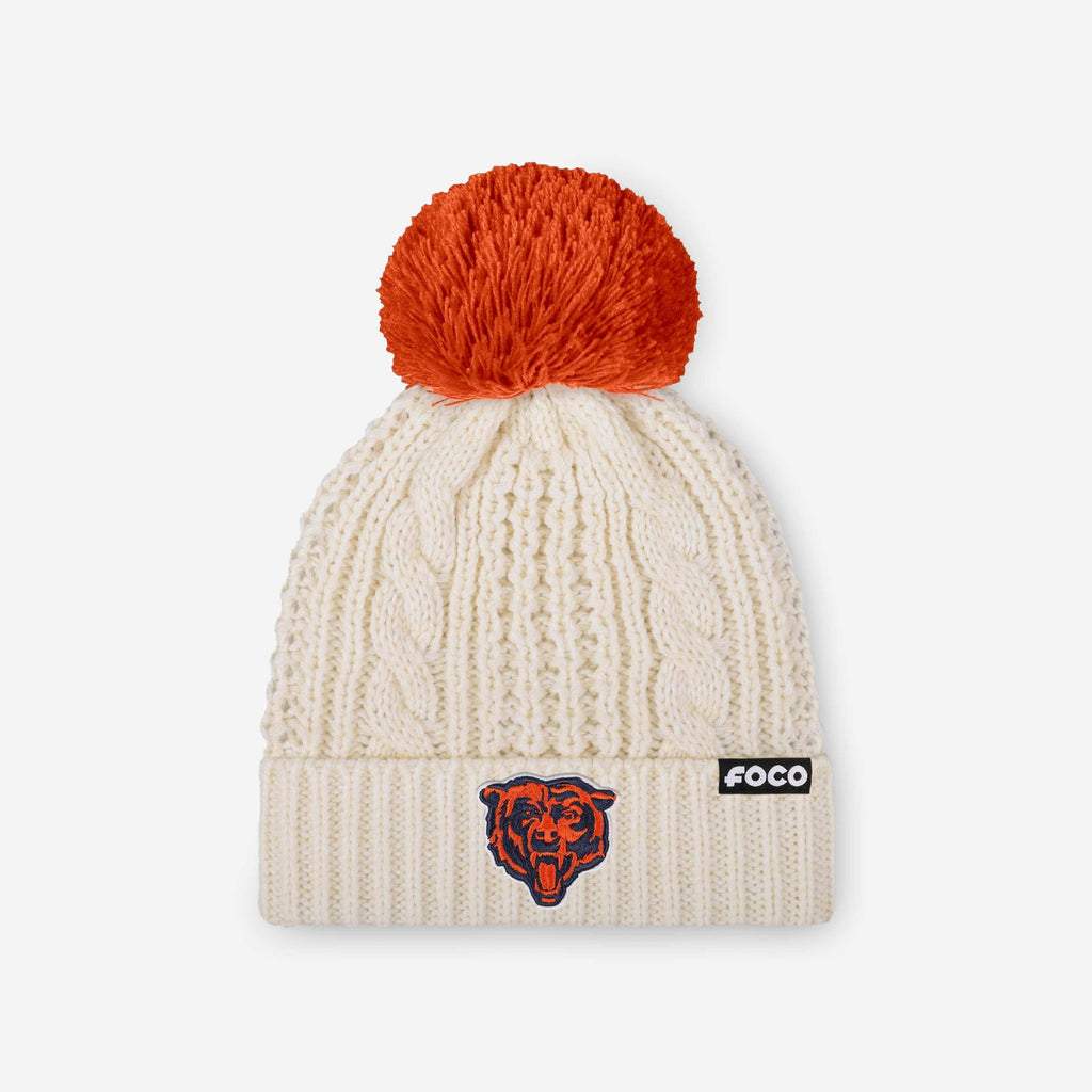 Chicago Bears Womens Primary Logo White Cable Knit Pom Beanie FOCO