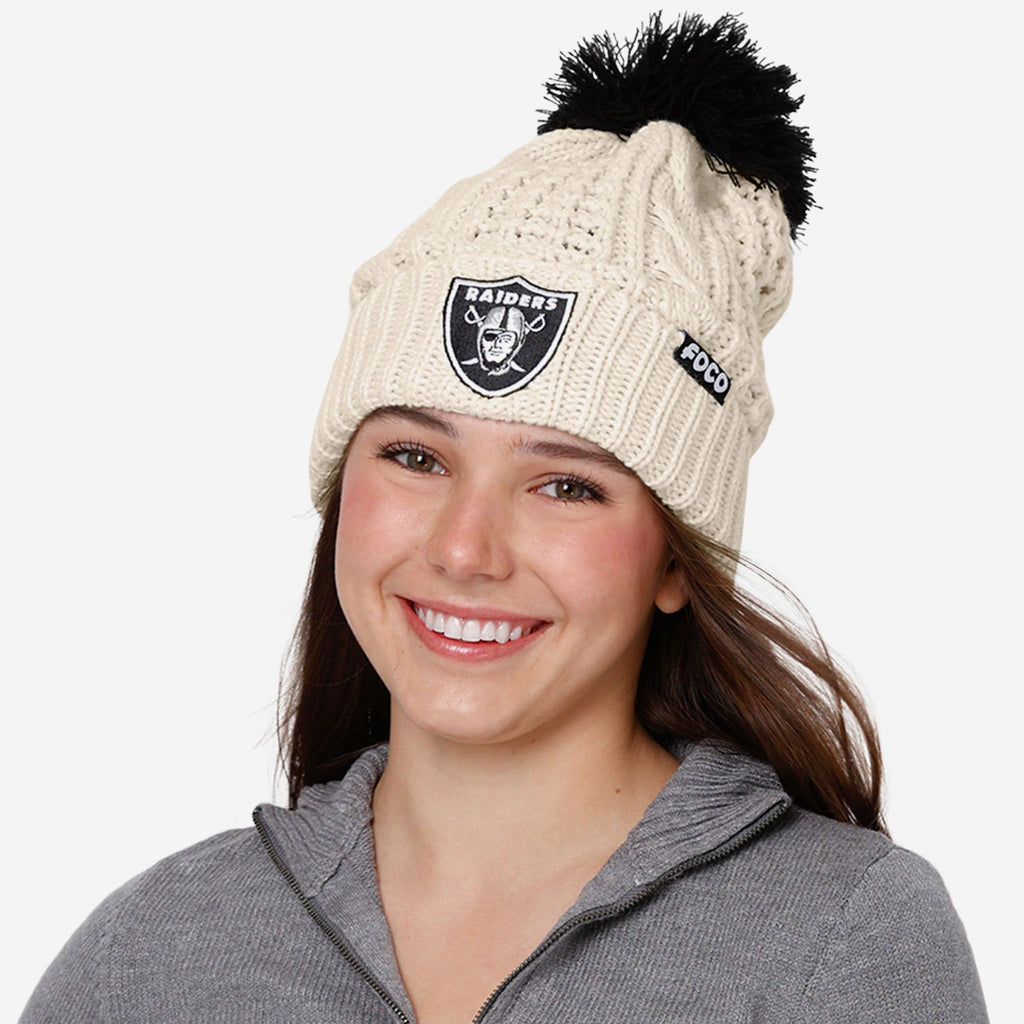 Las Vegas Raiders Womens Primary Logo White Cable Knit Pom Beanie FOCO