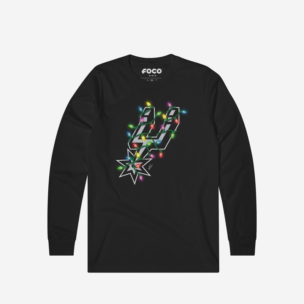 FOCO San Antonio Spurs Primary Logo Holiday Lights Long Sleeve T-Shirt Black Men Size S 2