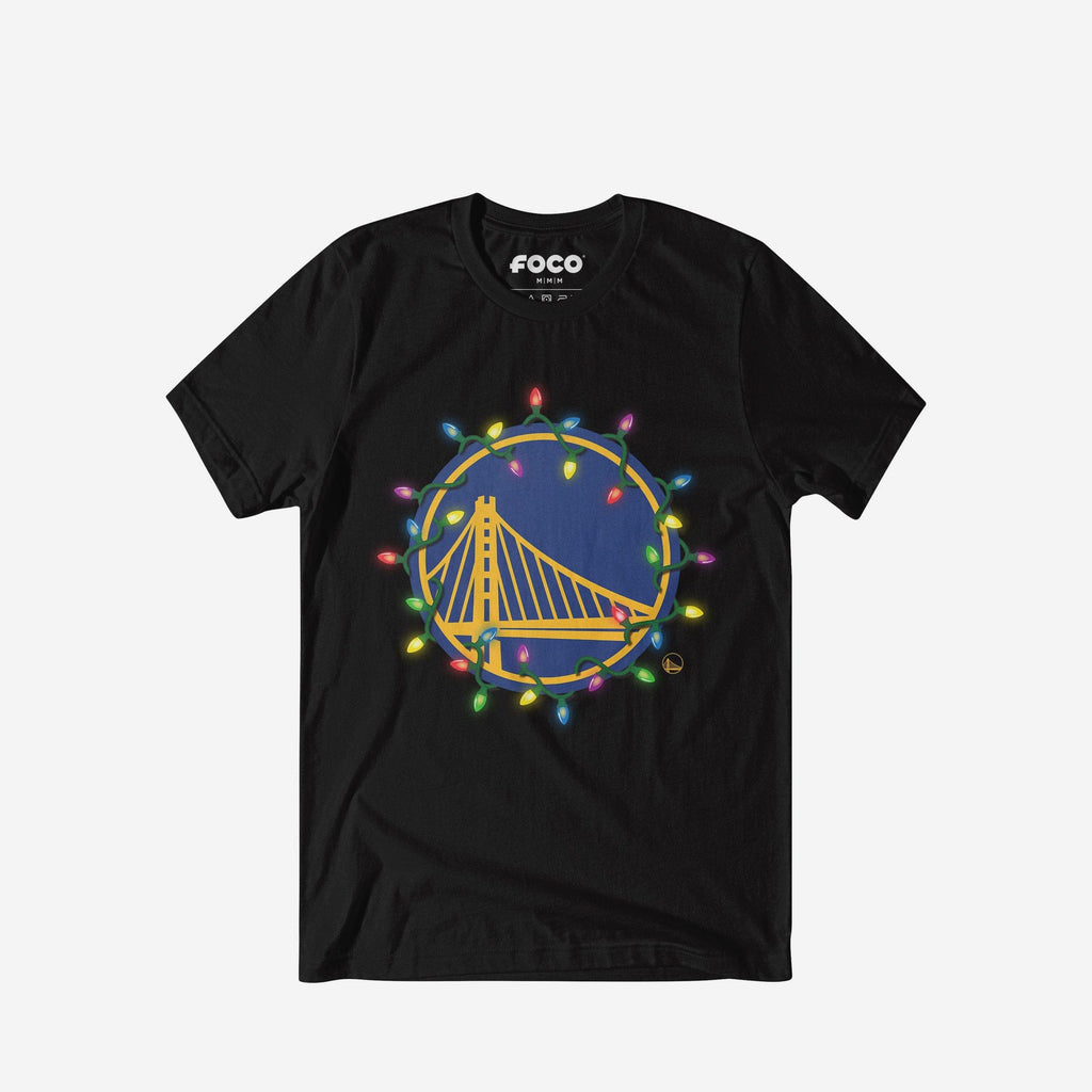 FOCO Golden State Warriors Primary Logo Holiday Lights T-Shirt Black Men Size S 2