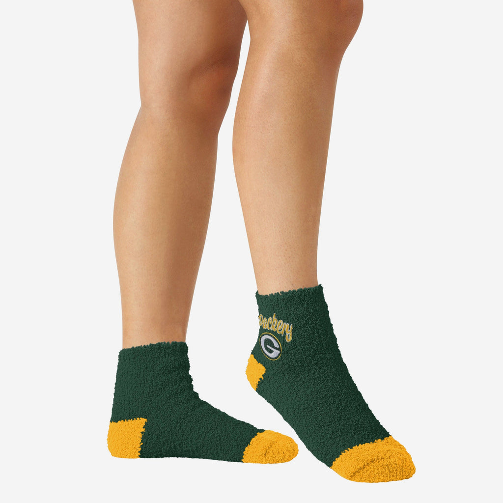 Green Bay Packers 2 Pack Womens Script Logo Fuzzy Ankle Socks FOCO