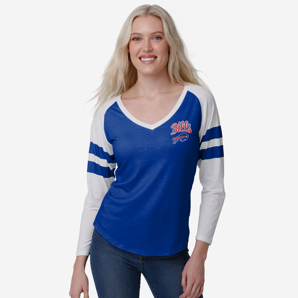 Buffalo Bills Womens Script Wordmark Striped Sleeve Raglan T-Shirt FOCO S - FOCO.com