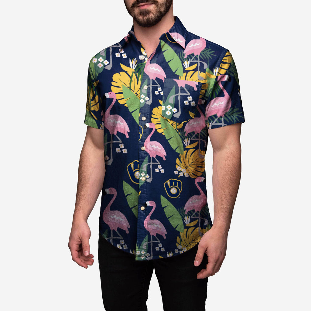 FOCO Milwaukee Brewers Floral Button Up Shirt Blue 3XL 2