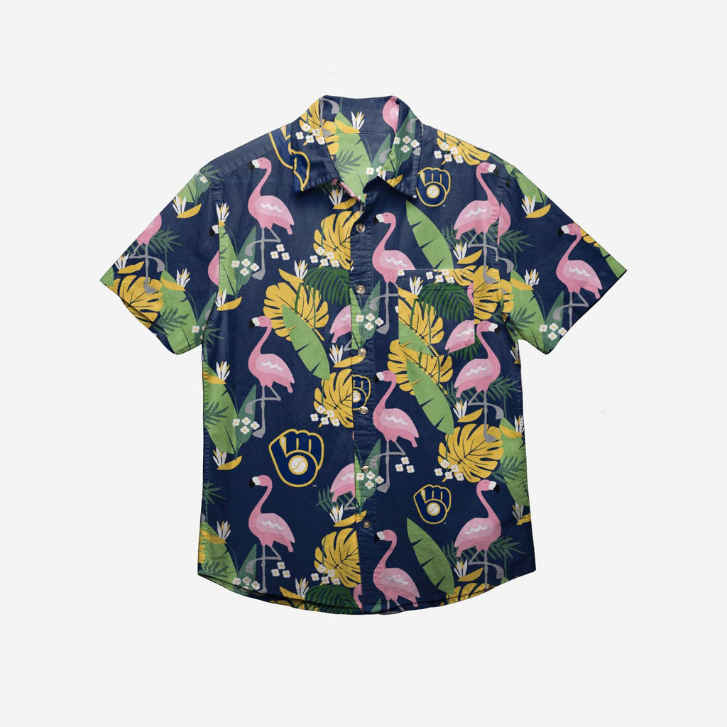 FOCO Milwaukee Brewers Floral Button Up Shirt Blue 3XL 3