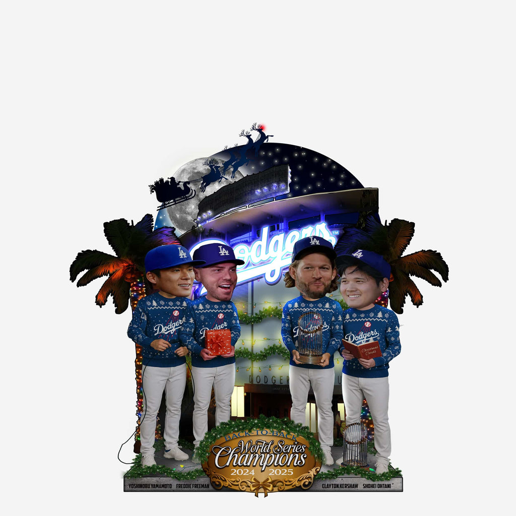 Los Angeles Dodgers 2025 World Series Back to Back Champions Christmas Mini Light Up Bobblehead Scene FOCO - FOCO.com