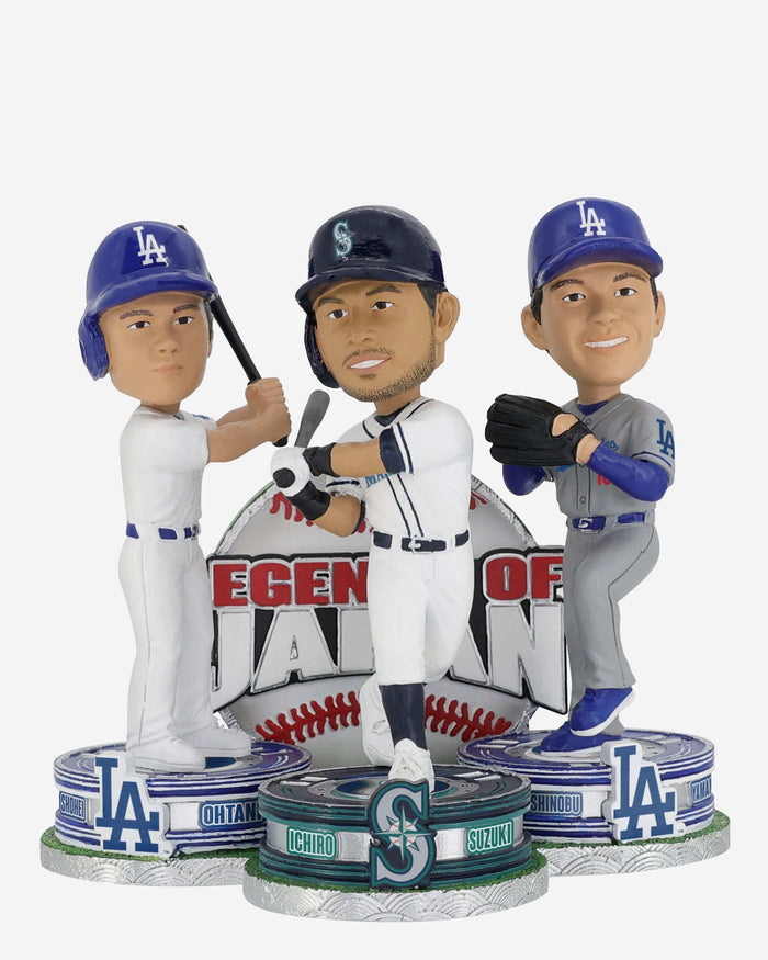 Shohei Ohtani & Yoshinobu Yamamoto & Ichiro Suzuki Los Angeles Dodgers & Seattle Mariners Triple Bobblehead FOCO - FOCO.com