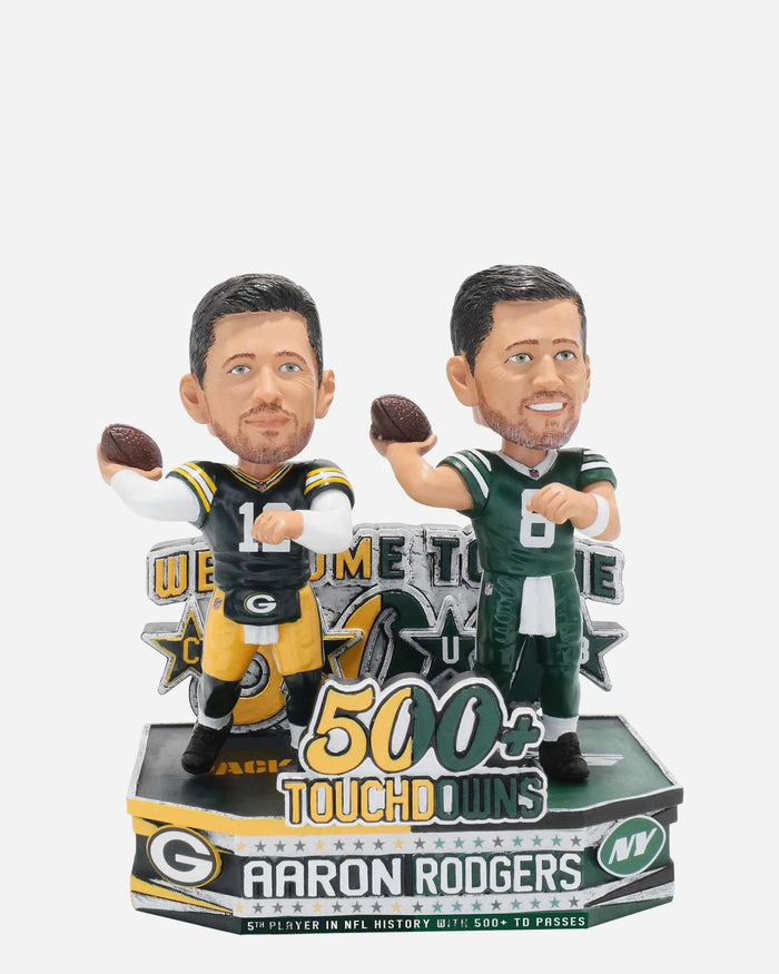 Aaron Rodgers New York Jets & Green Bay Packers 500 Passing Touchdowns Dual Bobblehead FOCO - FOCO.com