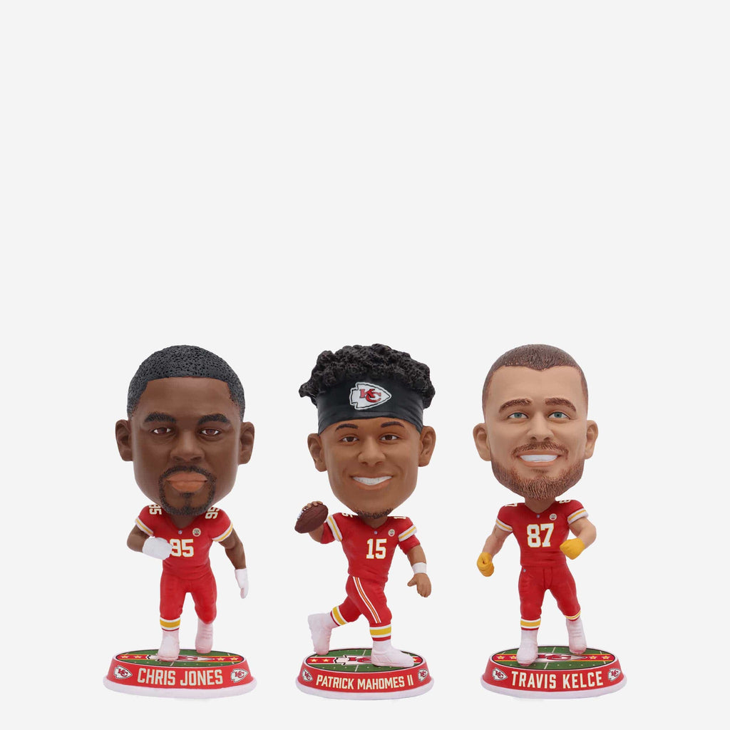 Patrick Mahomes & Travis Kelce & Chris Jones Kansas City Chiefs 3 Pack Field Stripe Mini Bighead Bobblehead Set FOCO - FOCO.com