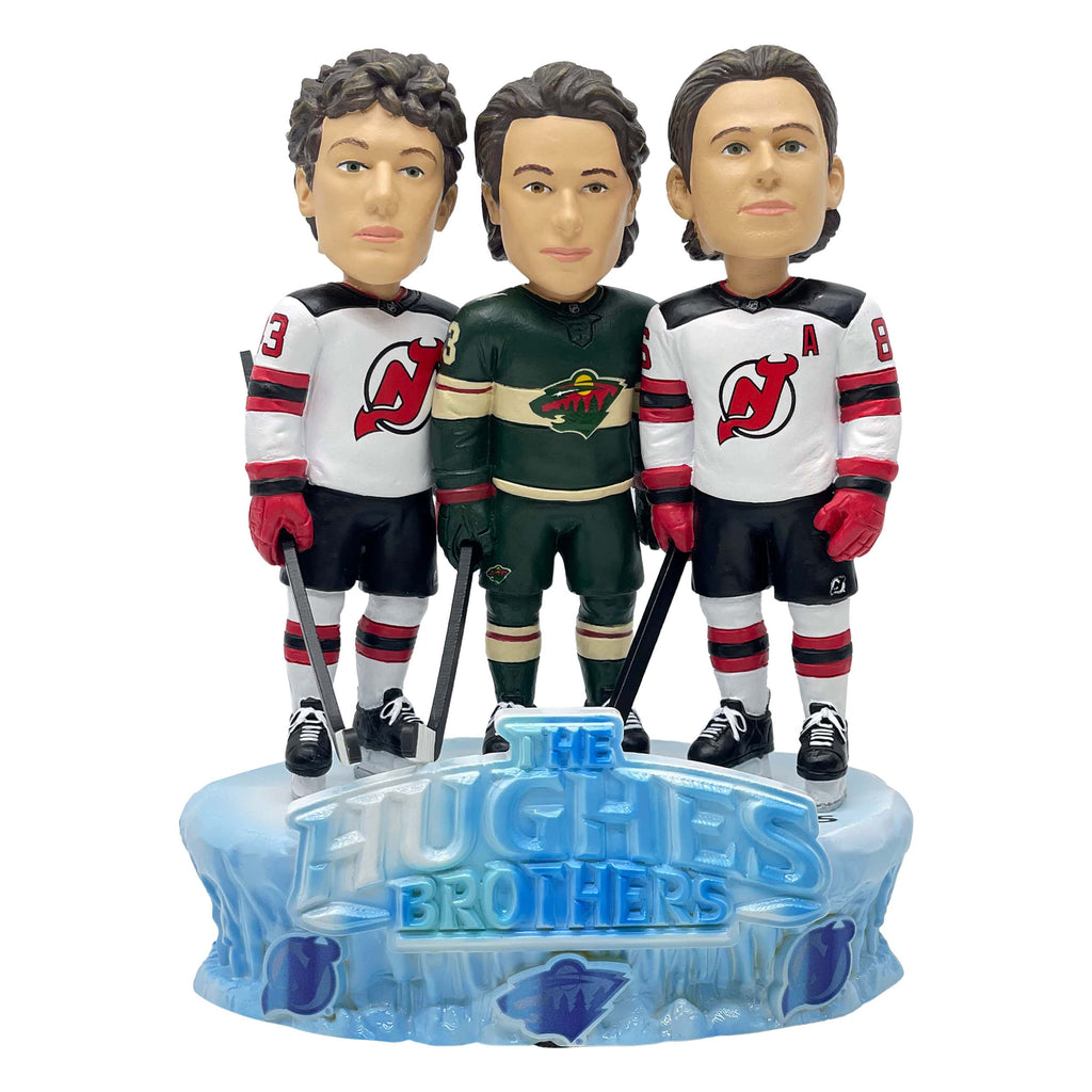 Jack Hughes & Luke Hughes & Quinn Hughes New Jersey Devils & Minnesota Wild The Hughes Bowl Mini Bobblehead Scene