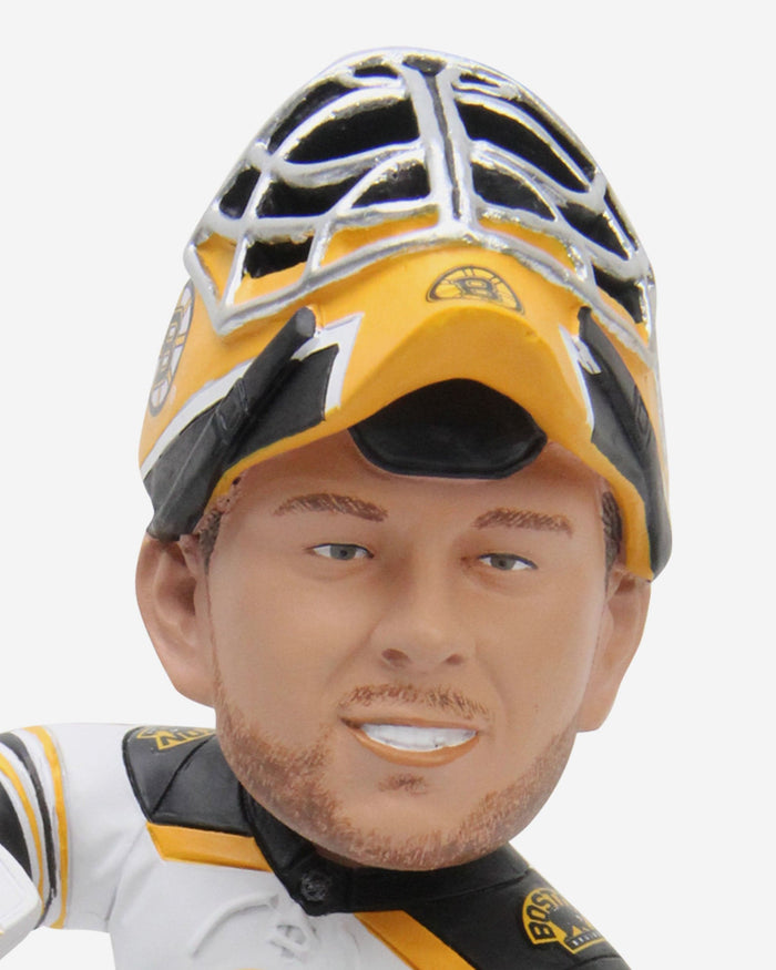 Boston Bruins goalie Linus Ullmark wears his new helmet featuring