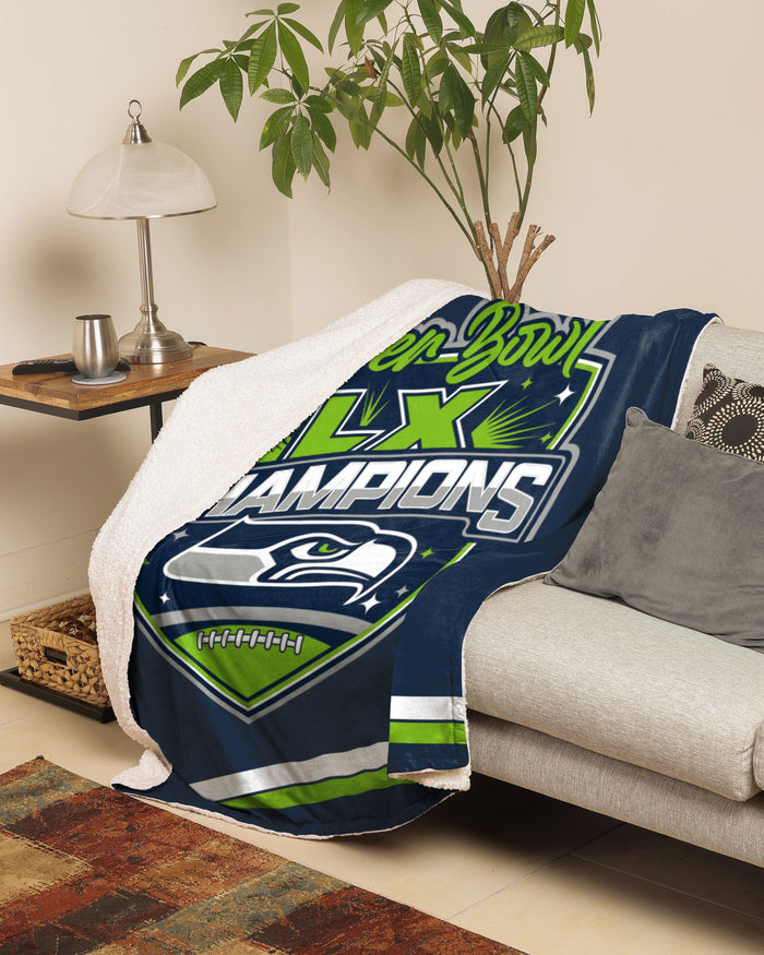 Seattle Seahawks Super Bowl LX Champions Blanket With Sherpa FOCO - FOCO.com