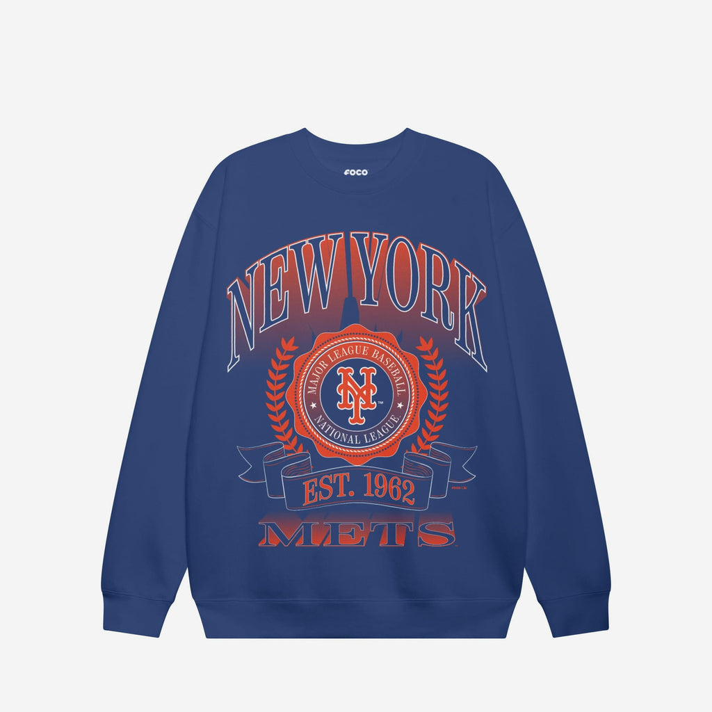 New York Mets Banner Crest Crew Neck Sweatshirt FOCO True Royal S - FOCO.com