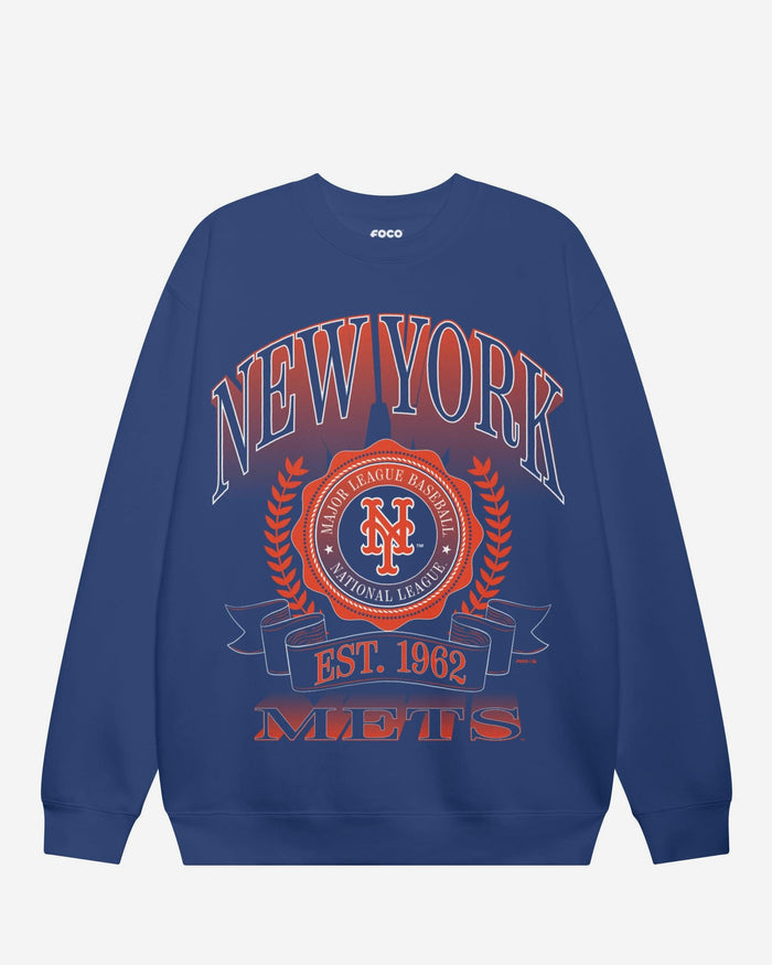 New York Mets Banner Crest Crew Neck Sweatshirt FOCO True Royal S - FOCO.com