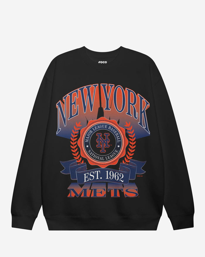 New York Mets Banner Crest Crew Neck Sweatshirt FOCO Black S - FOCO.com