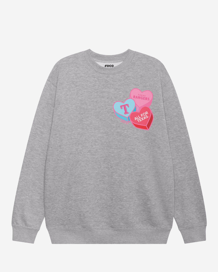Texas Rangers Candy Heart Crew Neck Sweatshirt FOCO Athletic Heather S - FOCO.com