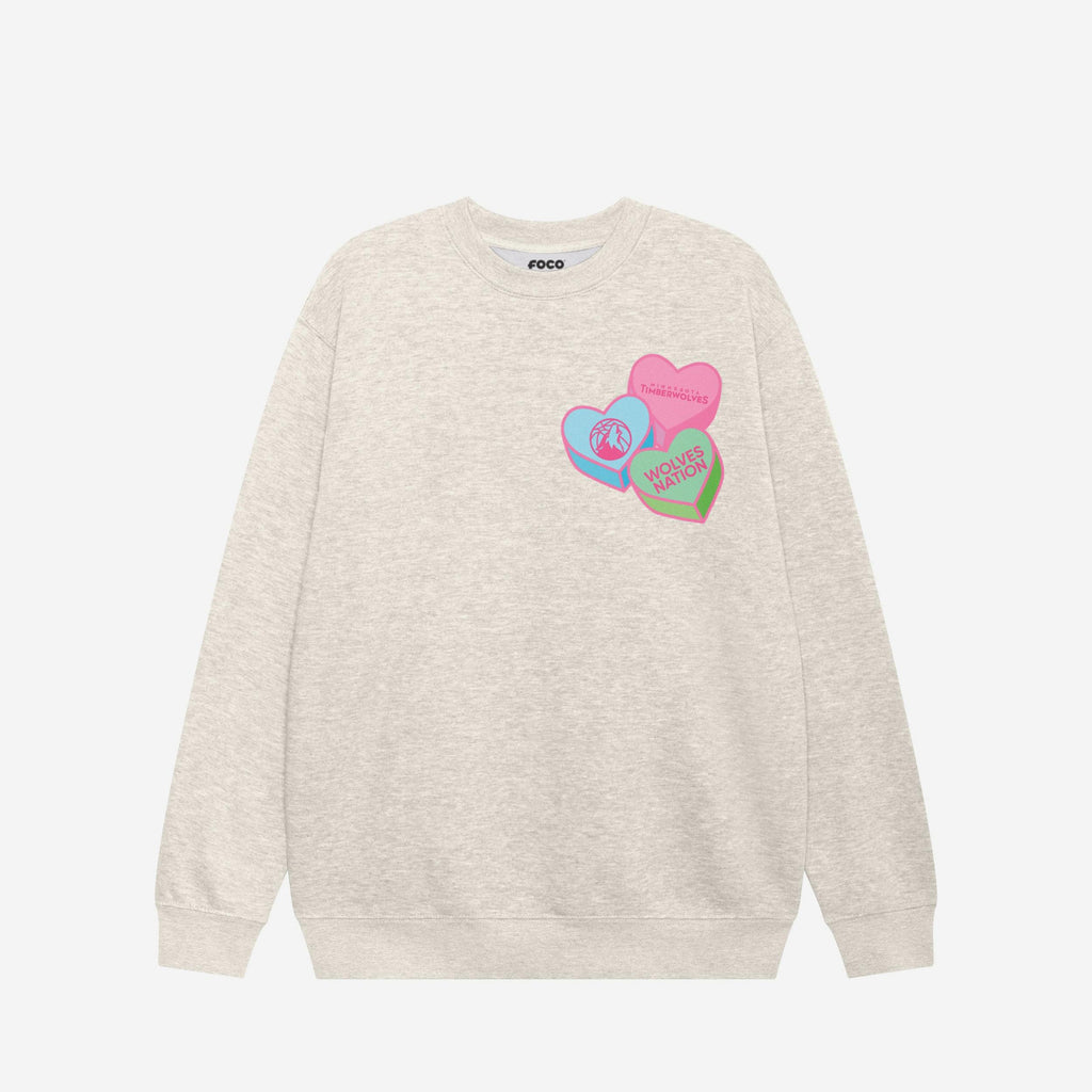 Minnesota Timberwolves Candy Heart Crew Neck Sweatshirt FOCO Oatmeal Heather S - FOCO.com