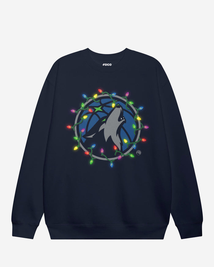 Minnesota Timberwolves Primary Logo Holiday Lights Crew Neck Sweatshirt FOCO S - FOCO.com