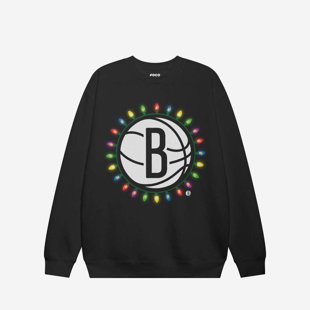 Brooklyn Nets Primary Logo Holiday Lights Crew Neck Sweatshirt FOCO S - FOCO.com