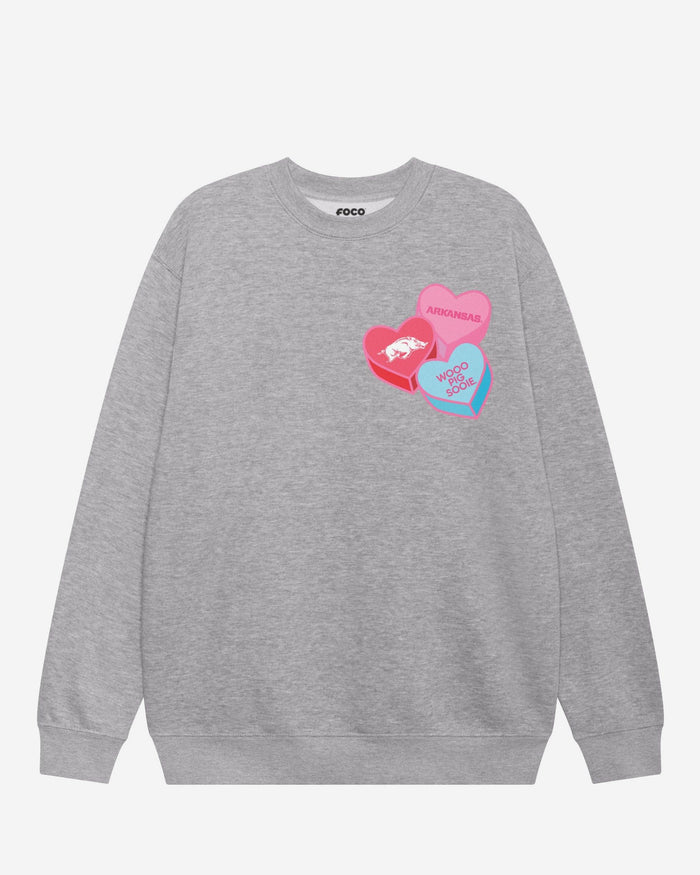 Arkansas Razorbacks Candy Heart Crew Neck Sweatshirt FOCO Athletic Heather S - FOCO.com