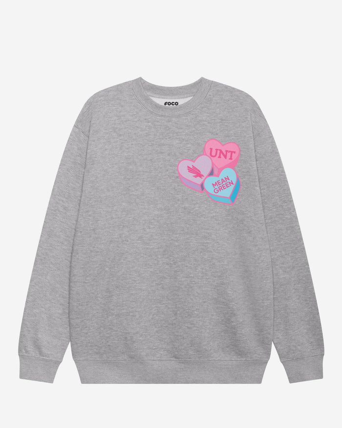 North Texas Mean Green Candy Heart Crew Neck Sweatshirt FOCO Athletic Heather S - FOCO.com
