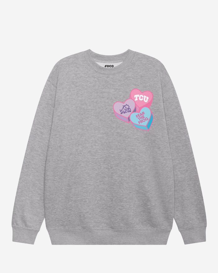 TCU Horned Frogs Candy Heart Crew Neck Sweatshirt FOCO Athletic Heather S - FOCO.com