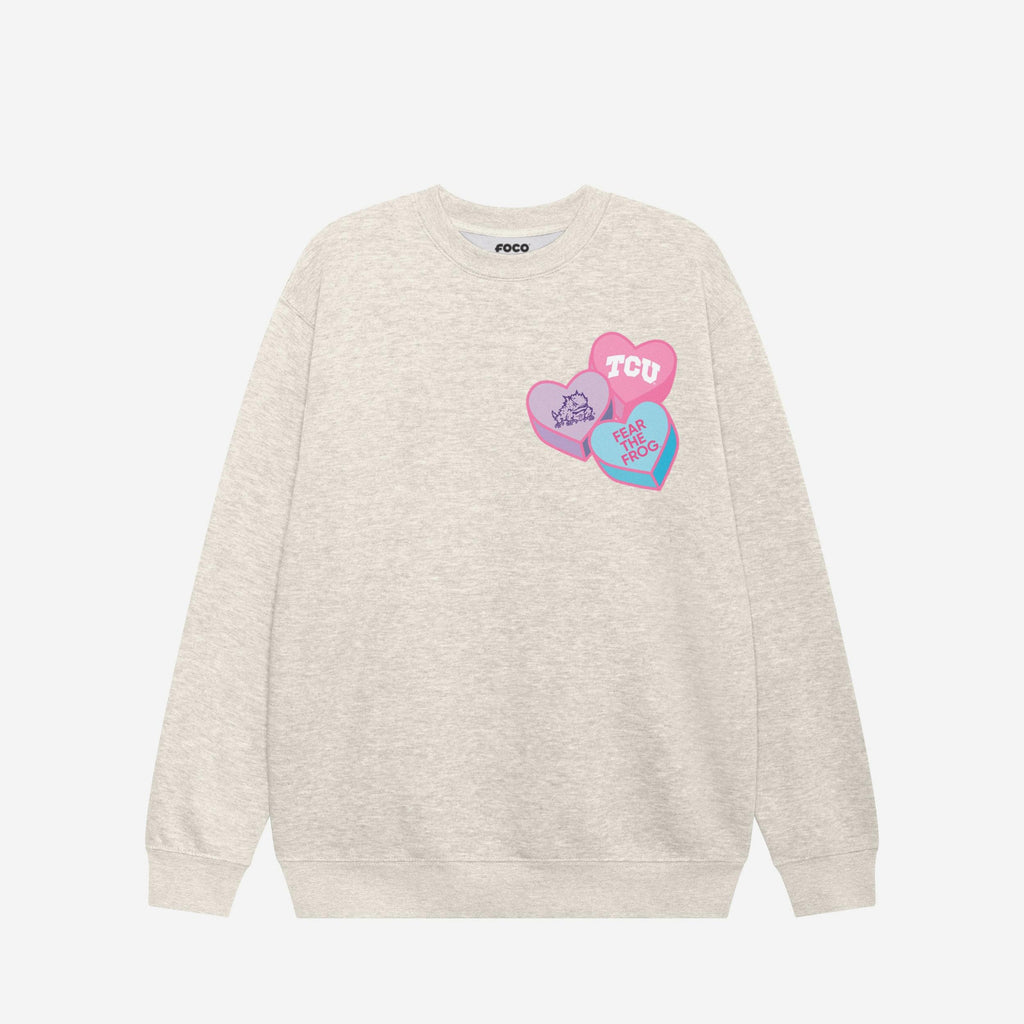 TCU Horned Frogs Candy Heart Crew Neck Sweatshirt FOCO Oatmeal Heather S - FOCO.com