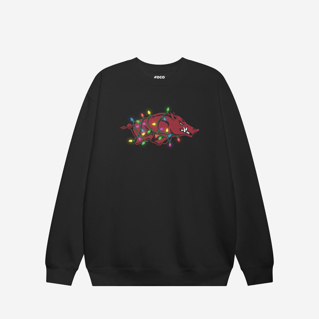 Arkansas Razorbacks Primary Logo Holiday Lights Crew Neck Sweatshirt FOCO S - FOCO.com