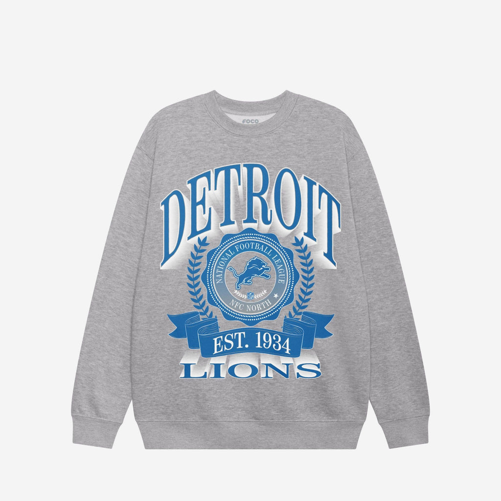Detroit Lions Banner Crest Crew Neck Sweatshirt FOCO Athletic Heather S - FOCO.com