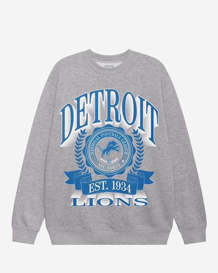 Detroit Lions Banner Crest Crew Neck Sweatshirt FOCO Athletic Heather S - FOCO.com