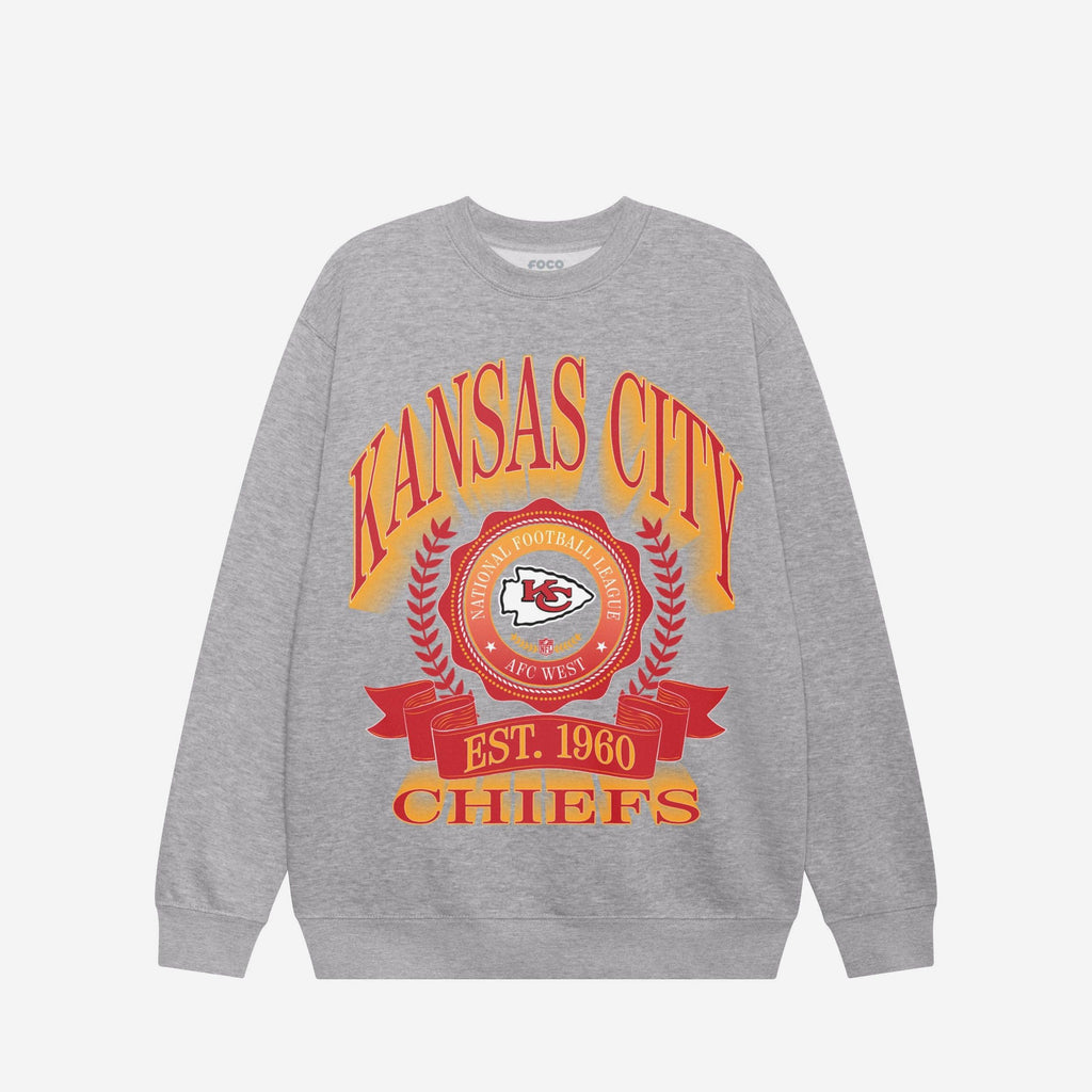 Kansas City Chiefs Banner Crest Crew Neck Sweatshirt FOCO Athletic Heather S - FOCO.com