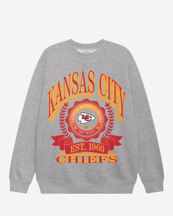 Kansas City Chiefs Banner Crest Crew Neck Sweatshirt FOCO Athletic Heather S - FOCO.com
