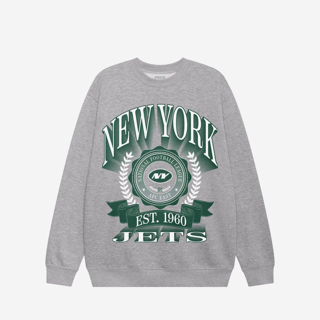 New York Jets Banner Crest Crew Neck Sweatshirt FOCO Athletic Heather S - FOCO.com