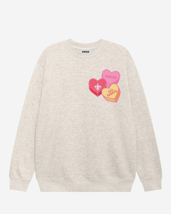 New Orleans Saints Candy Heart Crew Neck Sweatshirt FOCO Oatmeal Heather S - FOCO.com