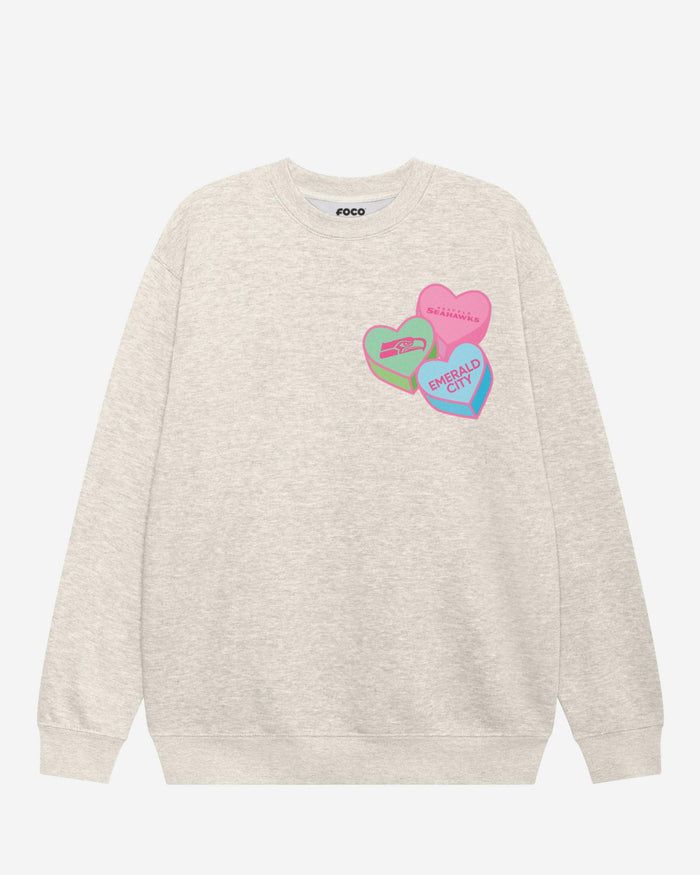 Seattle Seahawks Candy Heart Crew Neck Sweatshirt FOCO Oatmeal Heather S - FOCO.com