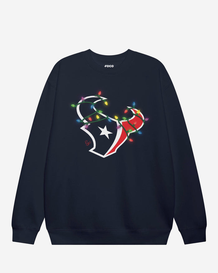 Houston Texans Primary Logo Holiday Lights Crew Neck Sweatshirt FOCO Navy S - FOCO.com