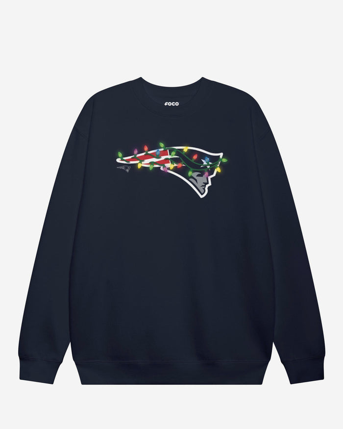 New England Patriots Primary Logo Holiday Lights Crew Neck Sweatshirt FOCO Black S - FOCO.com