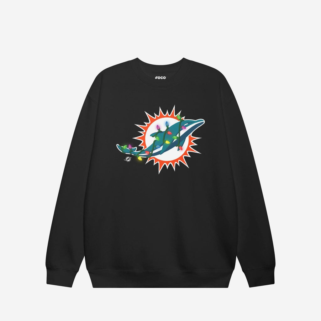 Miami Dolphins Primary Logo Holiday Lights Crew Neck Sweatshirt FOCO S - FOCO.com