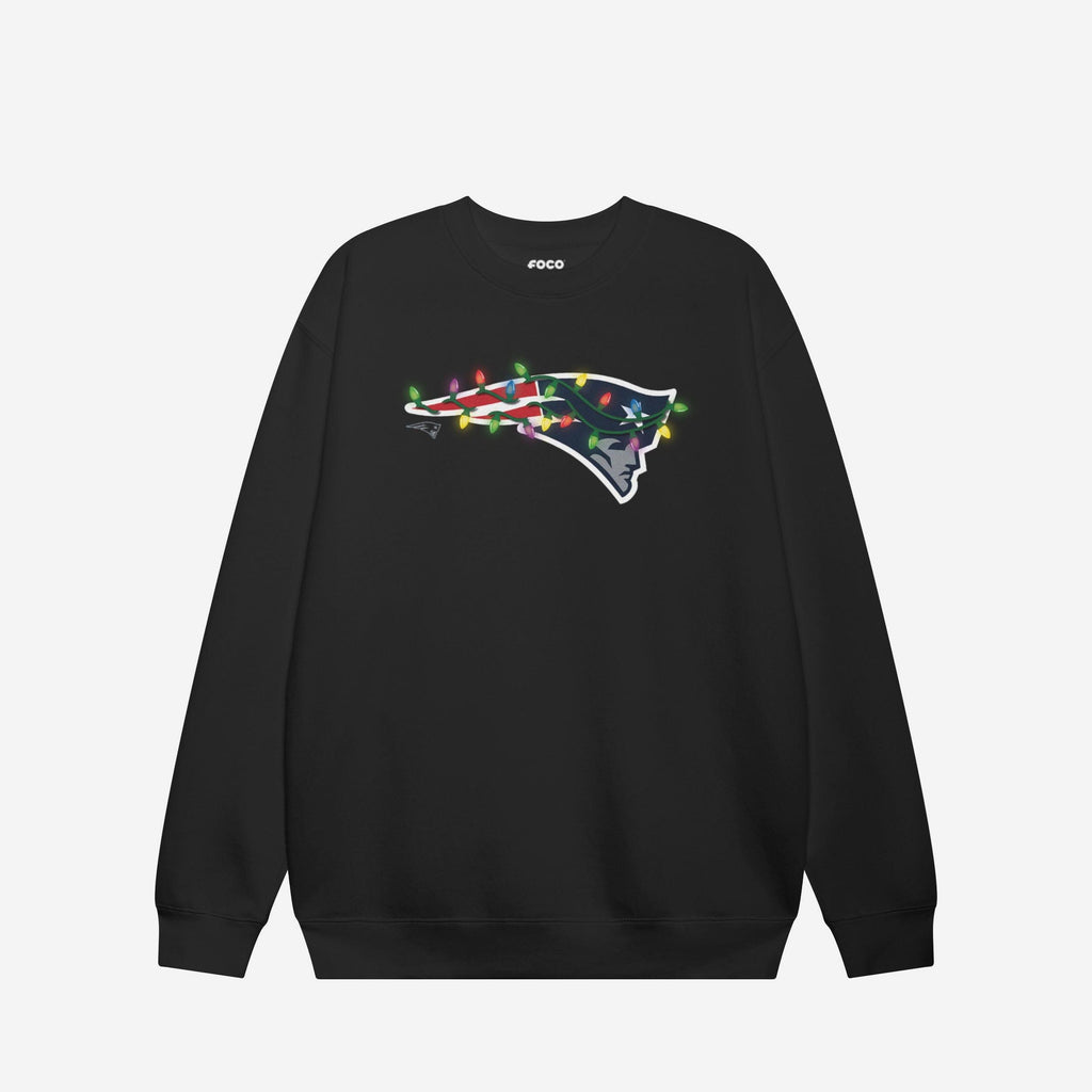 New England Patriots Primary Logo Holiday Lights Crew Neck Sweatshirt FOCO Black S - FOCO.com