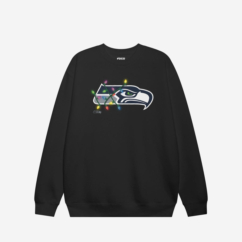 Seattle Seahawks Primary Logo Holiday Lights Crew Neck Sweatshirt FOCO Black S - FOCO.com