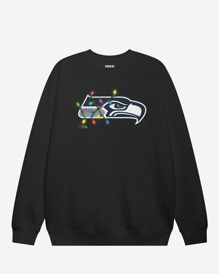 Seattle Seahawks Primary Logo Holiday Lights Crew Neck Sweatshirt FOCO Black S - FOCO.com