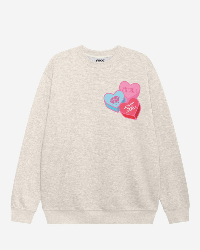 Columbus Blue Jackets Candy Heart Crew Neck Sweatshirt FOCO Oatmeal Heather S - FOCO.com