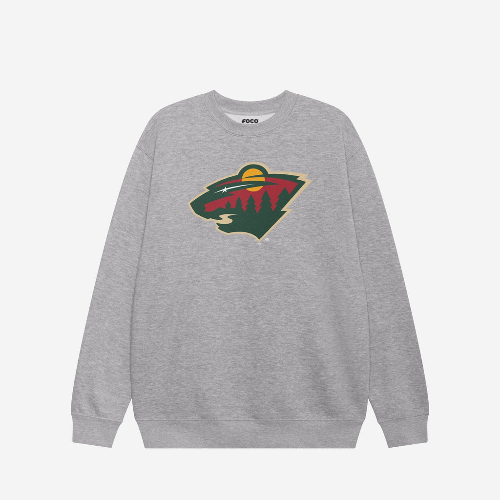 Minnesota Wild Primary Logo Crew Neck Sweatshirt FOCO Athletic Heather S - FOCO.com